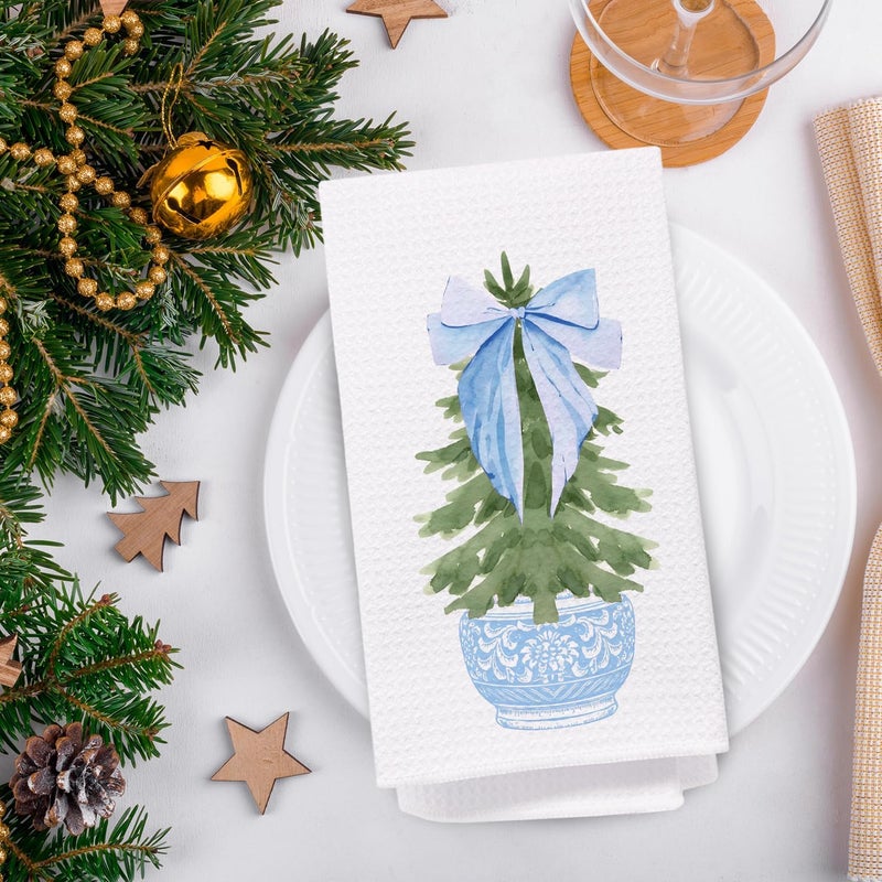 SPBL&L Chinoiserie Christmas Kitchen Towels, Blue Bow Coquette Christmas Tree Dish Towels for Kitchen Bathroom,Light Blue Christmas Hand Towels for Bathroom, Grandmillennial Decor,16x24 Inches Set of 2 - Image 4